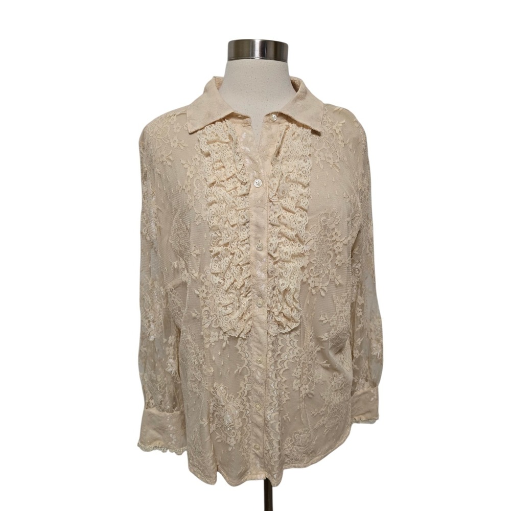 Womens Ivory Lace Button Down Shirt‎ Size 2X Ruffles Edwardian